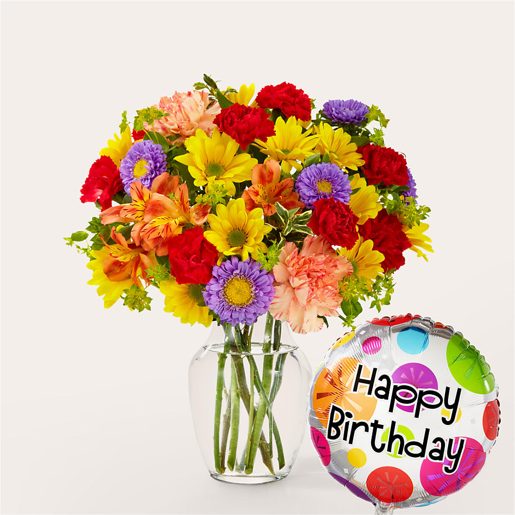 Kaleidoscope Bouquet with Birthday Balloon – Valley Flower Shoppe, Waverly NY